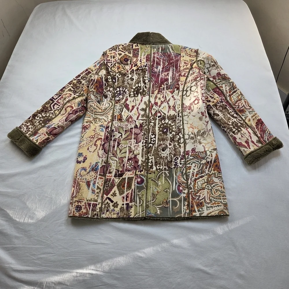 Chico’s Patchwork Tapestry‎ Coat Size 2 (L) Faux Fur Lined Boho Artsy Jacket